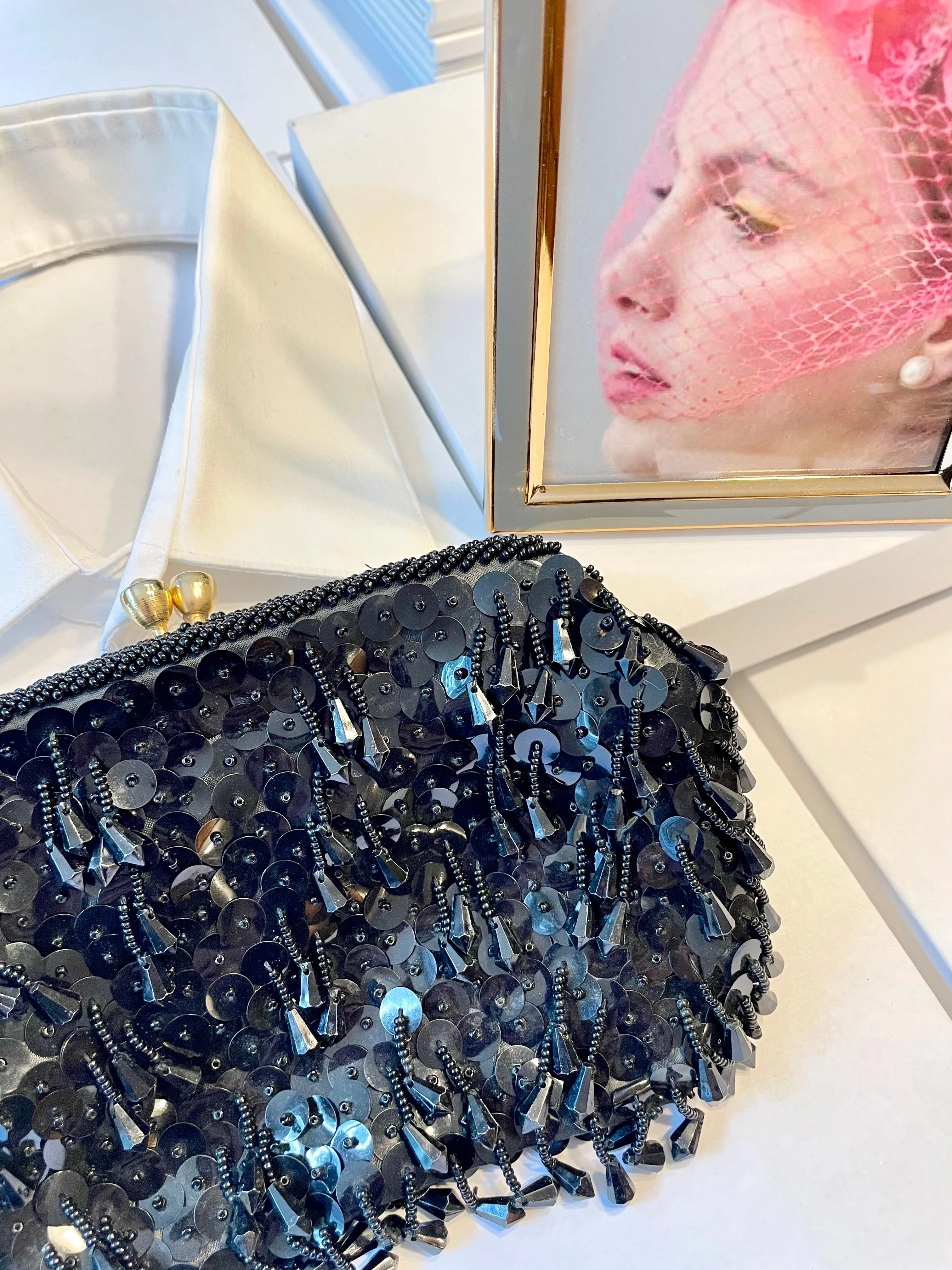 1960's super chic.. Cha Cha style black beaded bag!