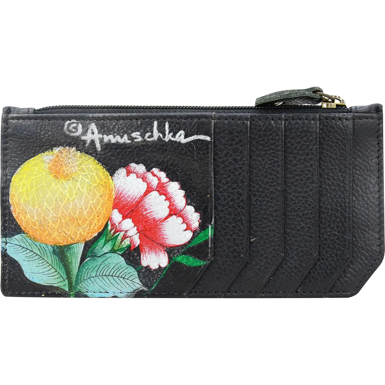 Anuschka RFID Blocking Card Case with Coin Pouch Vintage Bouquet Leather