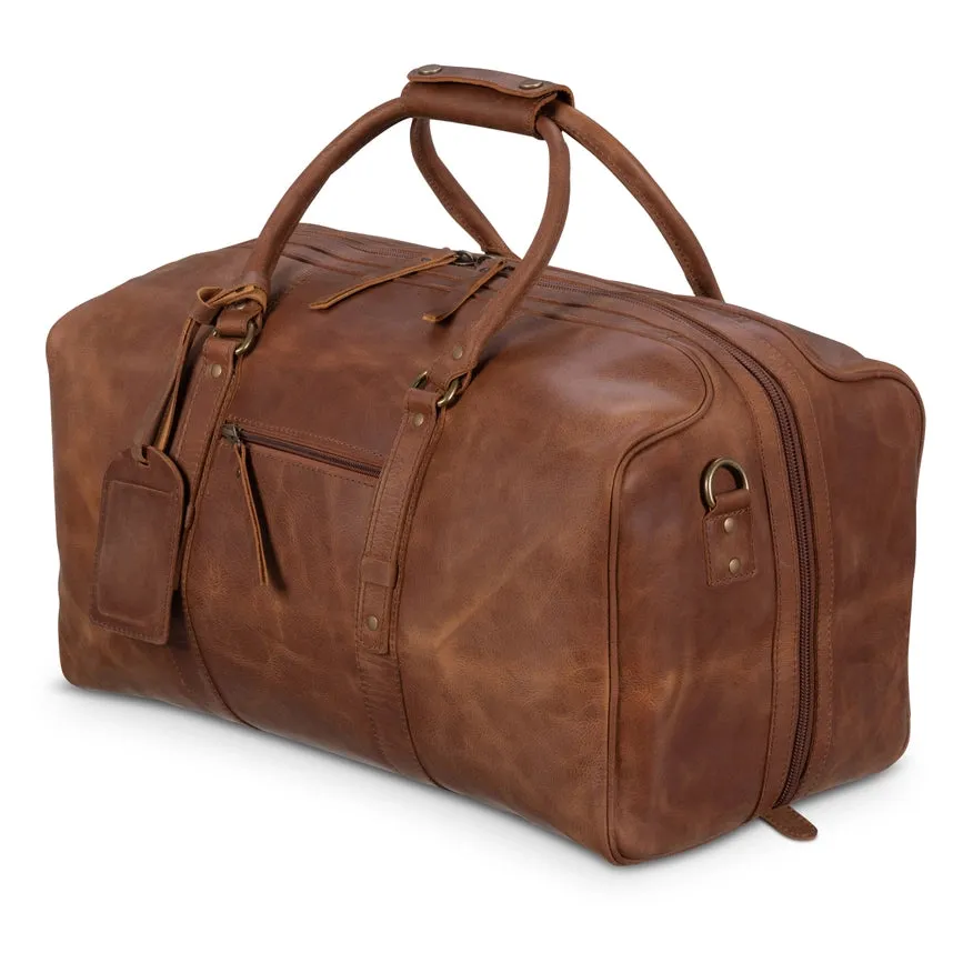 Big Mouth 40L Leather Duffle - Airline Friendly Travel Bag Saddle Brown