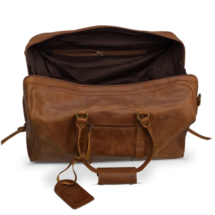 Big Mouth 40L Leather Duffle - Airline Friendly Travel Bag Saddle Brown