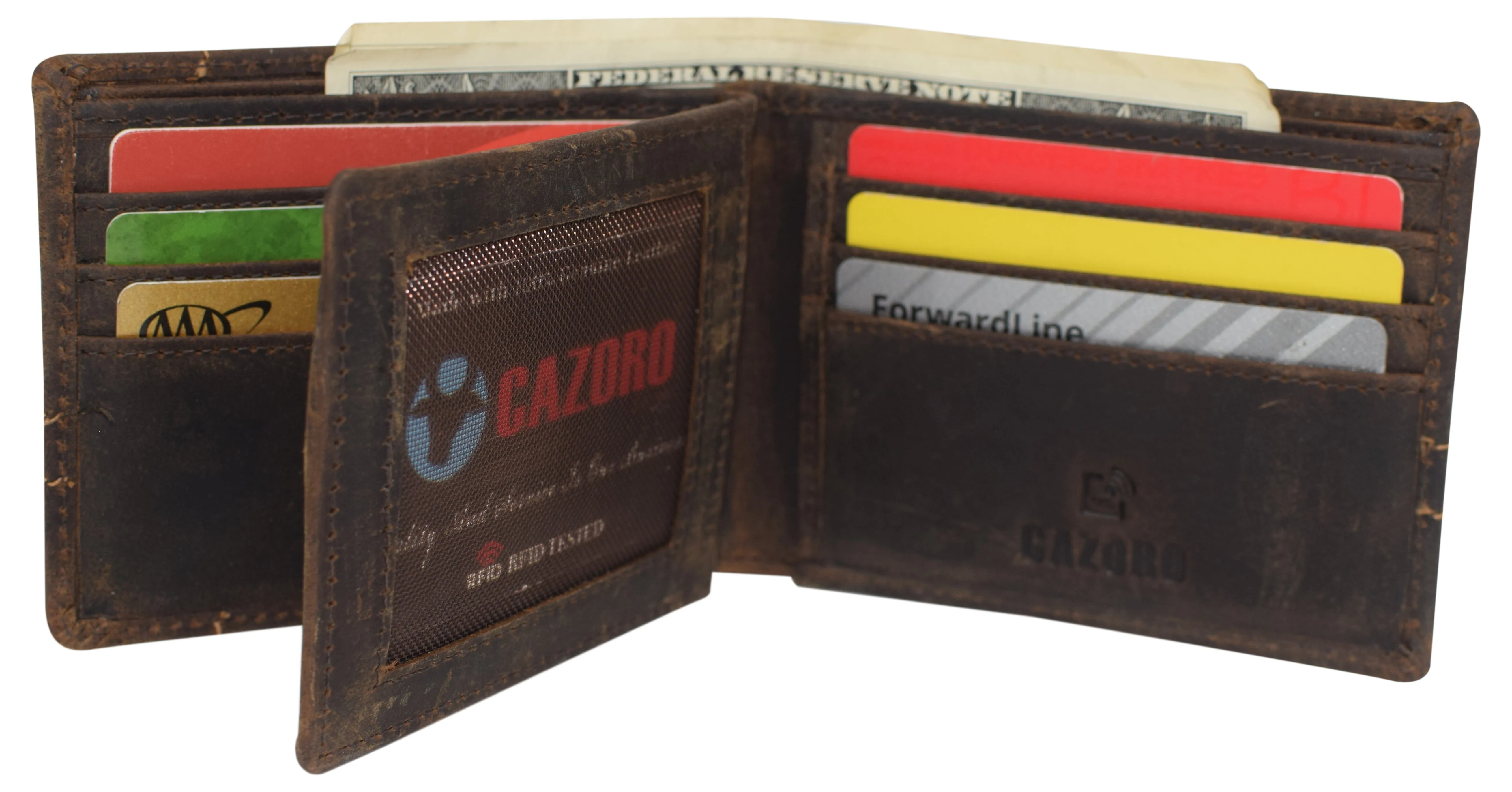 CAZORO RFID Blocking Men's Handmade Vintage Distressed Genuine Leather Bifold ID Window Wallet for Men 9-Series 52HTC