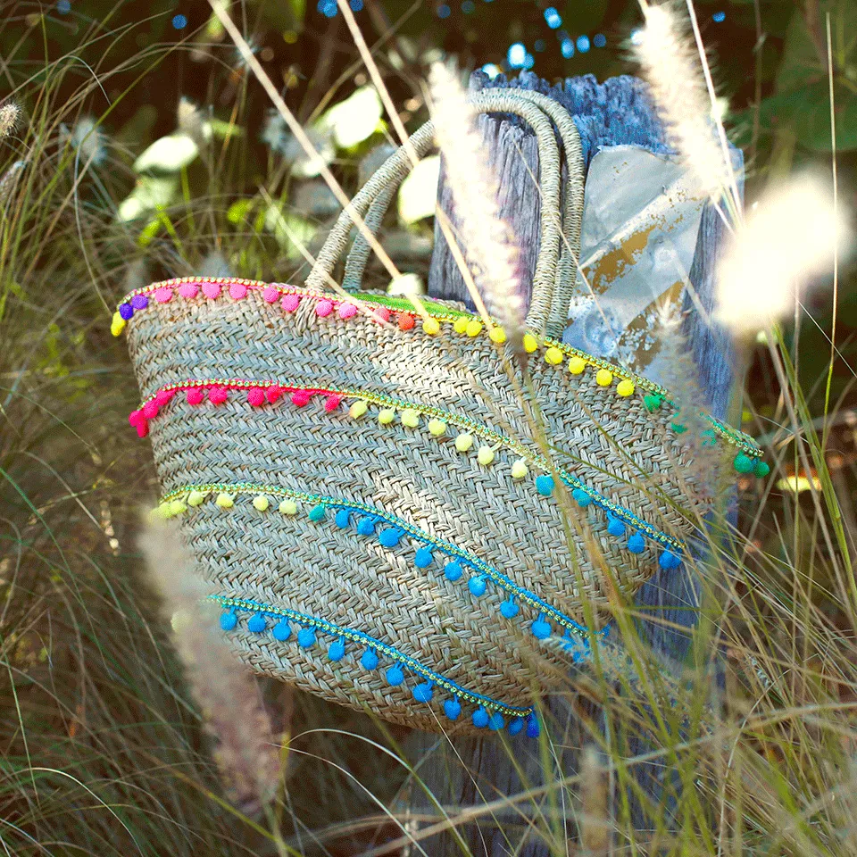 Charleston Stripe Pom Straw Basket