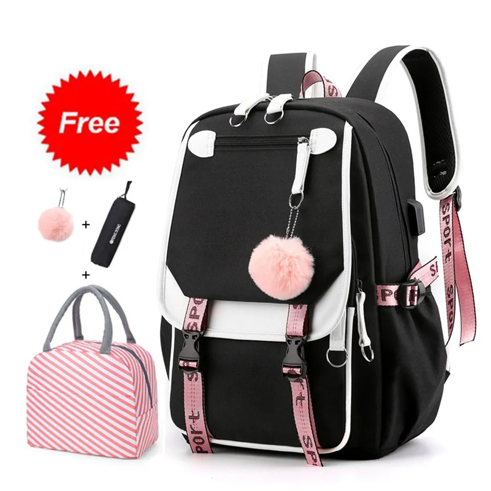 deanwangkt Teen Girl School Backpack with USB Charging Port 15.6 Inch Laptop Bag Water Resistant Nylon School Bookbag New