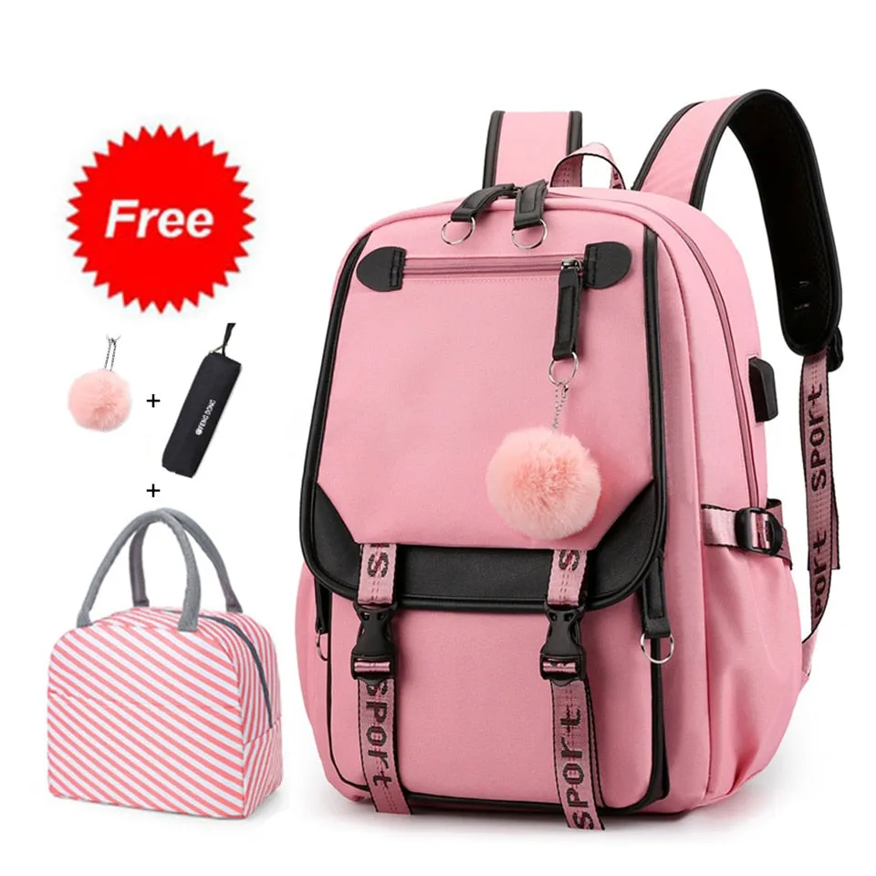 deanwangkt Teen Girl School Backpack with USB Charging Port 15.6 Inch Laptop Bag Water Resistant Nylon School Bookbag New