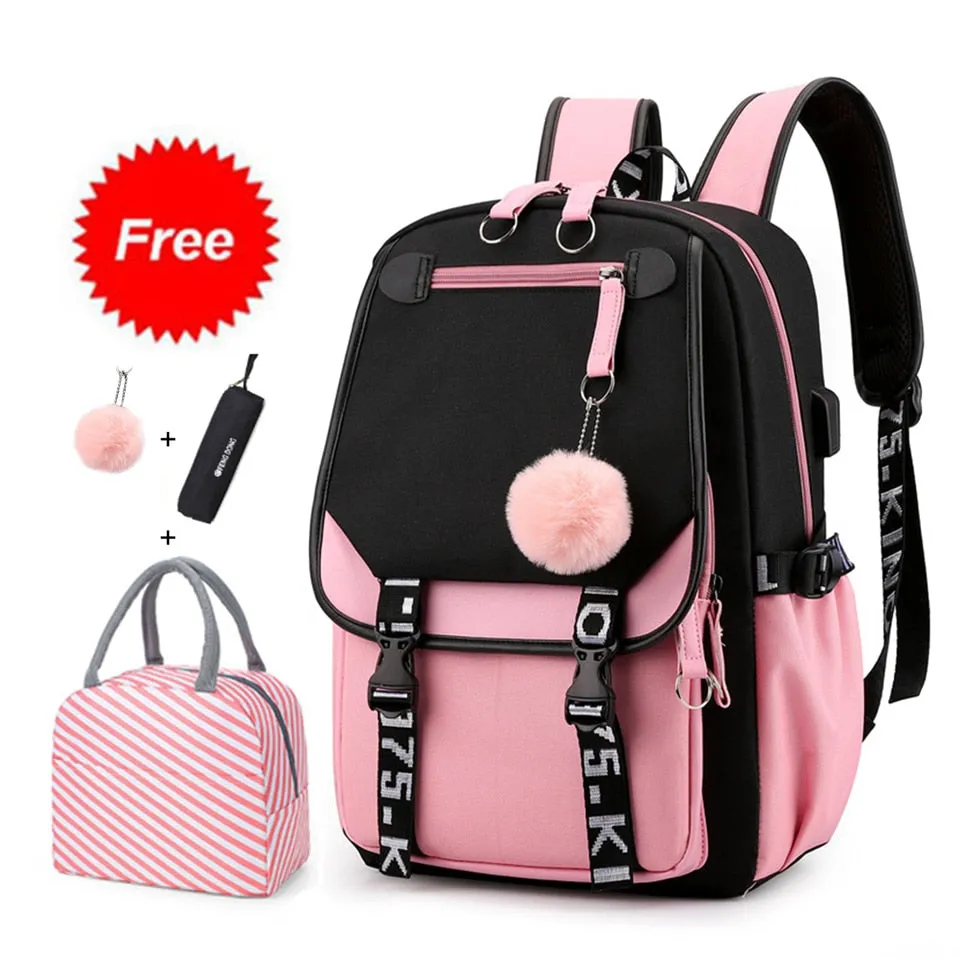 deanwangkt Teen Girl School Backpack with USB Charging Port 15.6 Inch Laptop Bag Water Resistant Nylon School Bookbag New