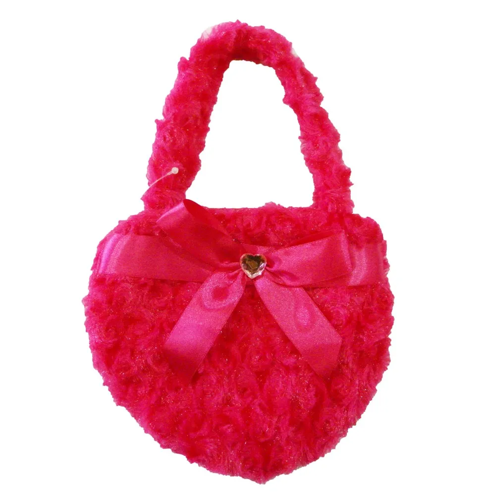 Girls Hot Pink Fuzzy Velvet Sparkle Stone Bow Attached Heart Purse