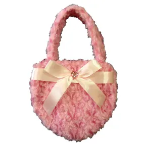 Girls Pink Fuzzy Velvet Sparkle Stone Bow Attached Heart Purse