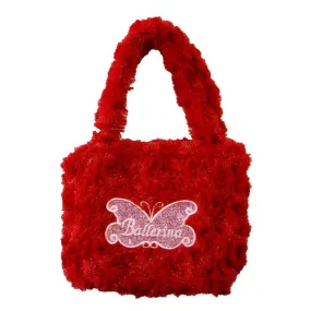 Girls Red Fuzzy Velvet Glitter Butterfly Ballerina Applique Purse