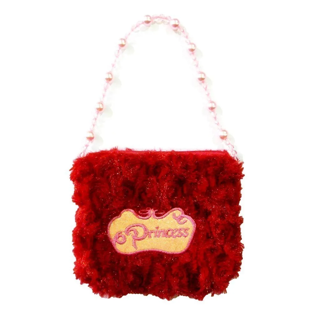 Girls Red Princess Crown Applique Pearl Shoulder Strap Velvet Purse