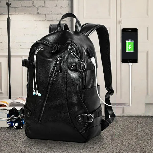 MK Men Faux Leather Fashion Leisure Backpack USB Charging Travel Bag