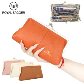 RFID Kiss Lock Wallet, Multi-card Slots, Genuine Leather Clutch Purse