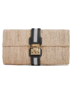 Sylvette Raffia & Leather Clutch - Black