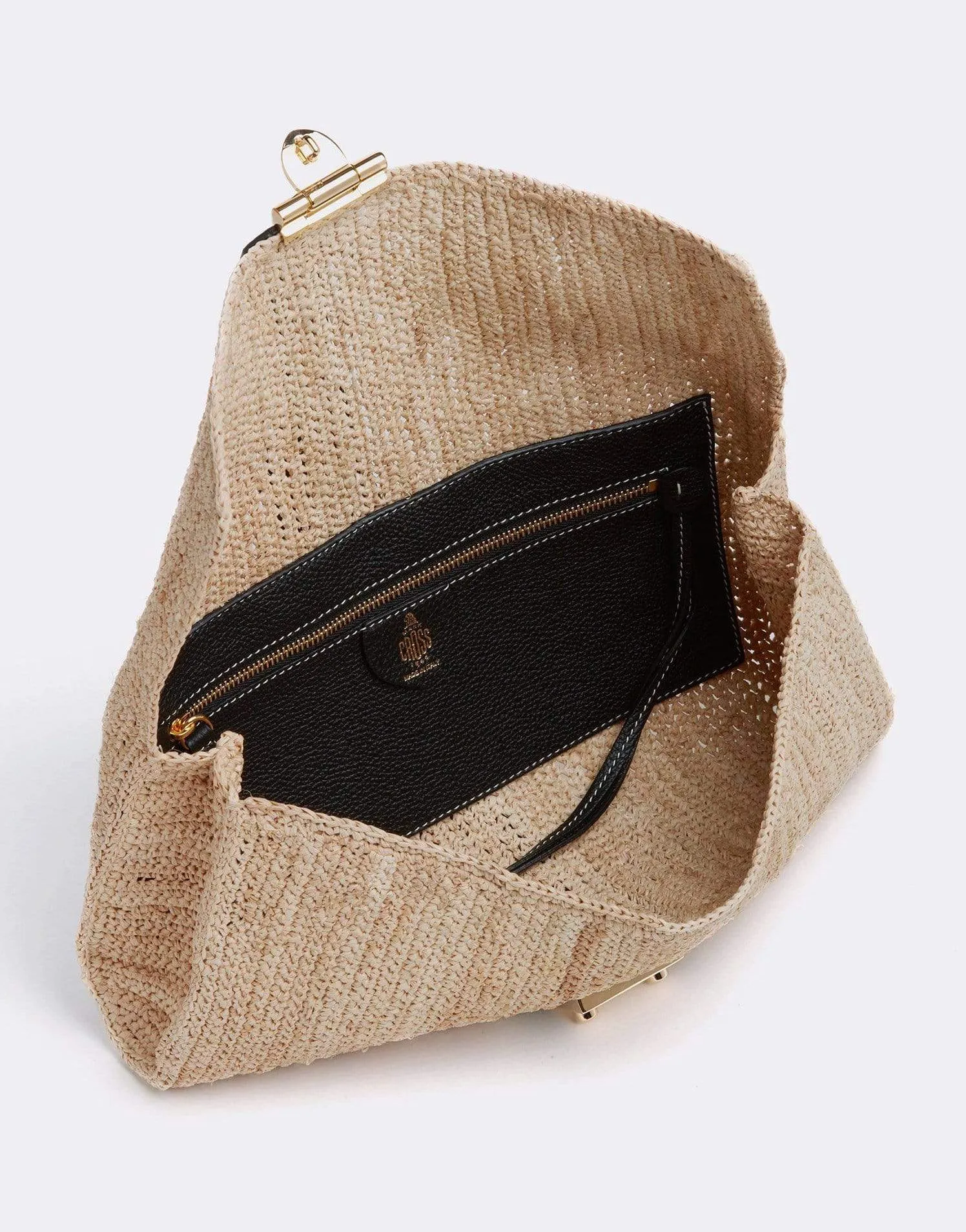 Sylvette Raffia & Leather Clutch - Black