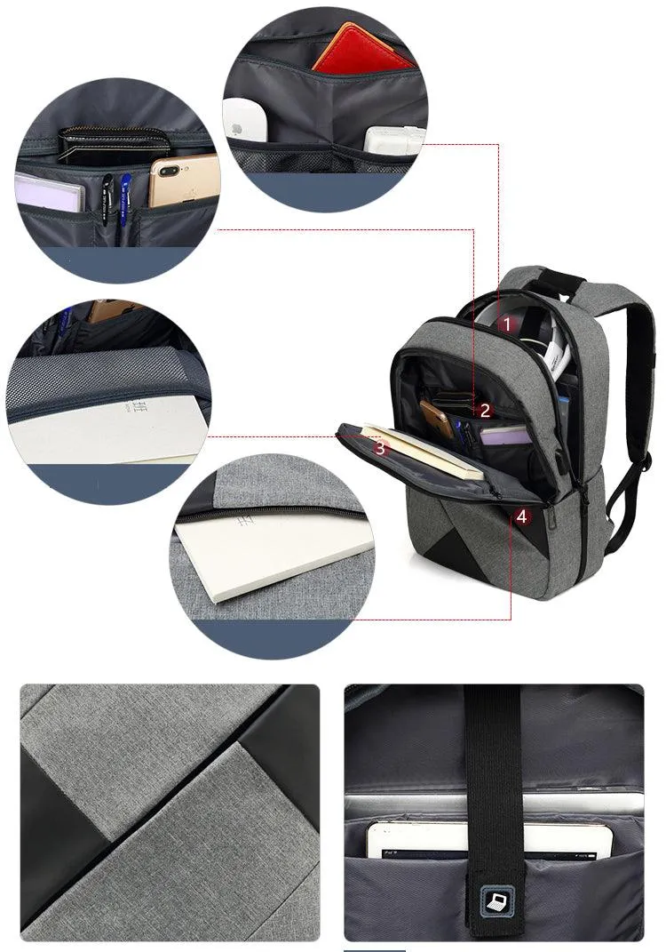 USB Charging Laptop Briefcase Business Travel Backpack-Grey